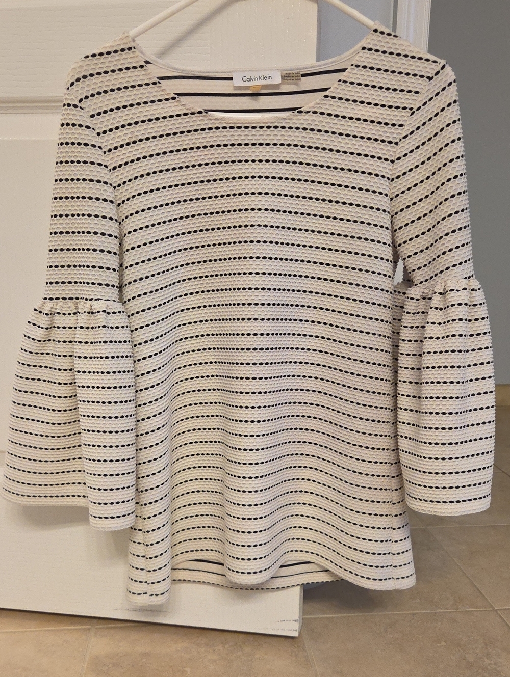 Calvin Klein Ivory and Black Striped Bell-Sleeve Tunic